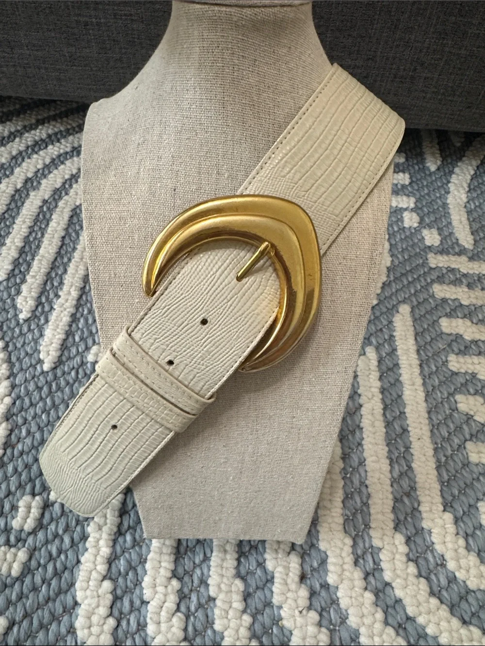 Vintage 80s 90s White Genuine Leather Belt Gold Statement Buckle Made in USA